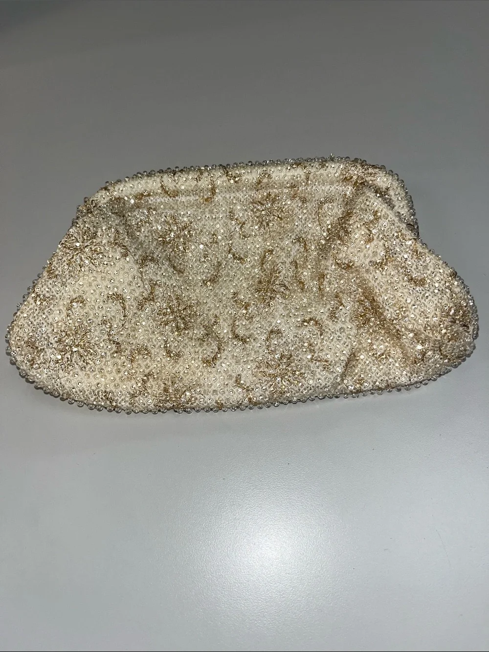 Source Unknown Ivory and Gold Beaded Evening Clutch